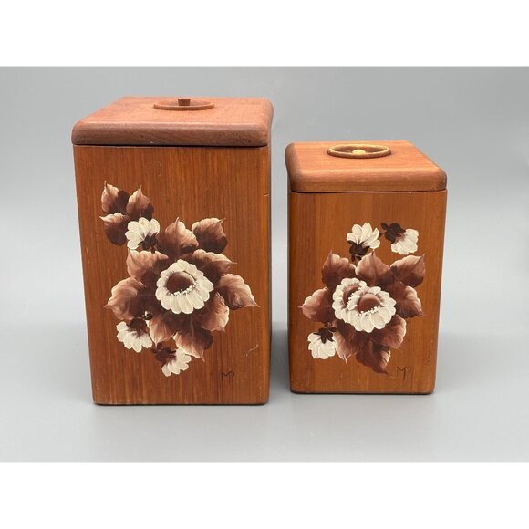 Vintage Hand Painted Wood Canister Pair With Floral Panels | Storage Containers - Picture 1 of 12